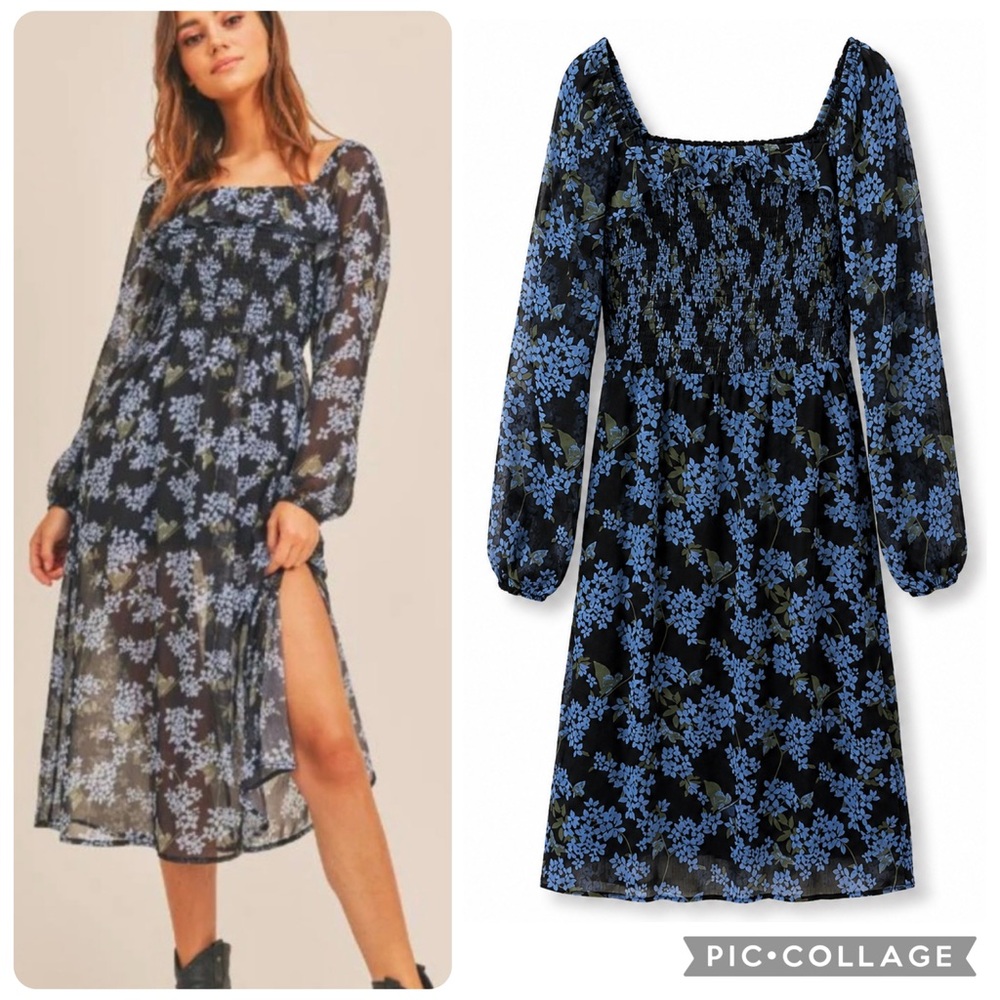 Sadie & Sage Midnight Iris Midi Dress Blue Floral Smocked Boho Cottagecore L